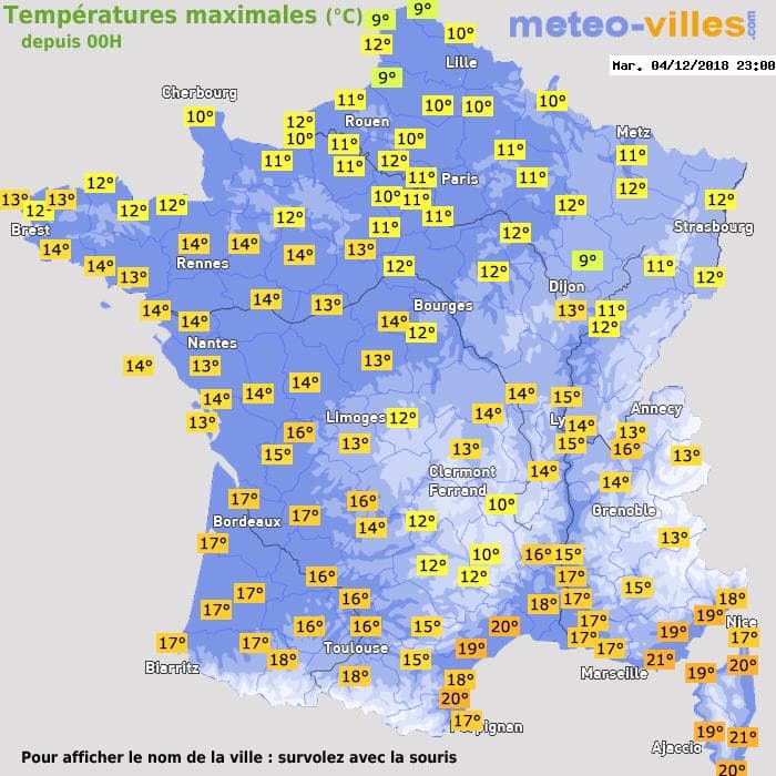 Températures maximales (°C) depuis 00h