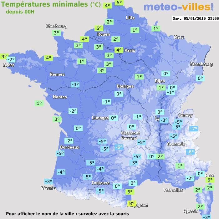 Températures minimales (°C) depuis 00h