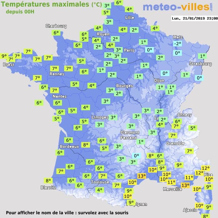 Températures maximales (°C) depuis 00h
