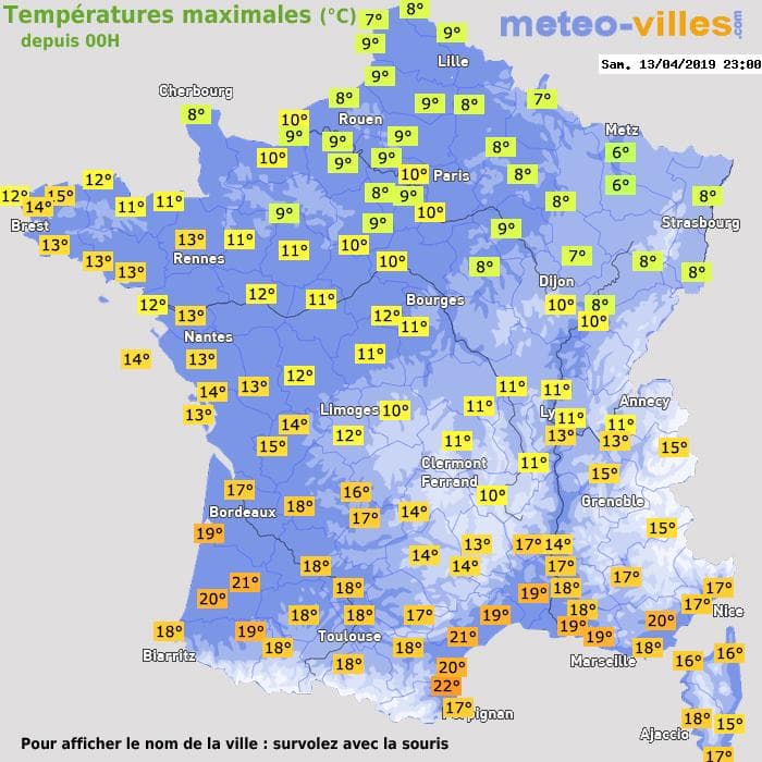 Températures maximales (°C) depuis 00h