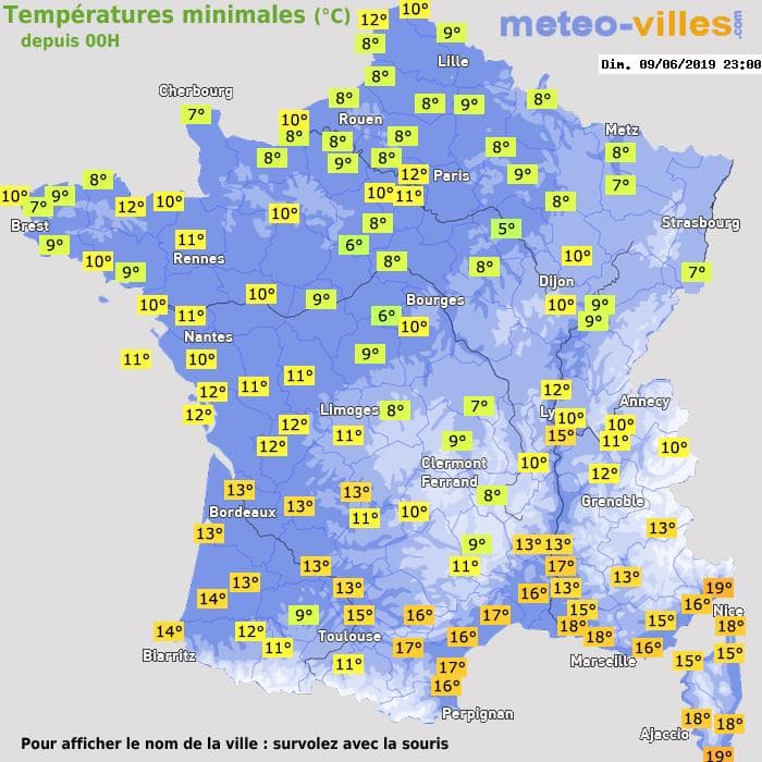 Températures minimales (°C) depuis 00h