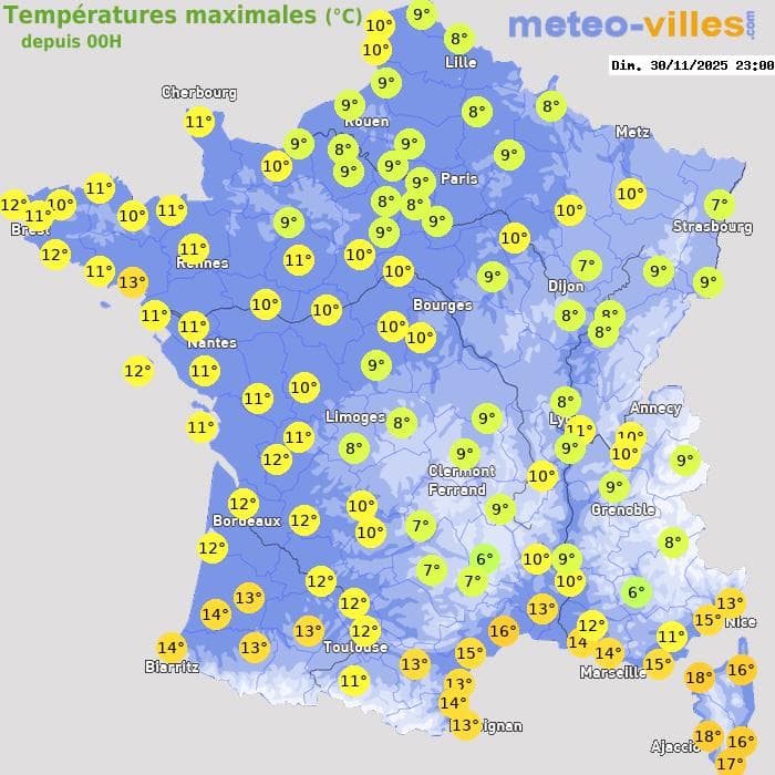 Températures maximales (°C) depuis 00h