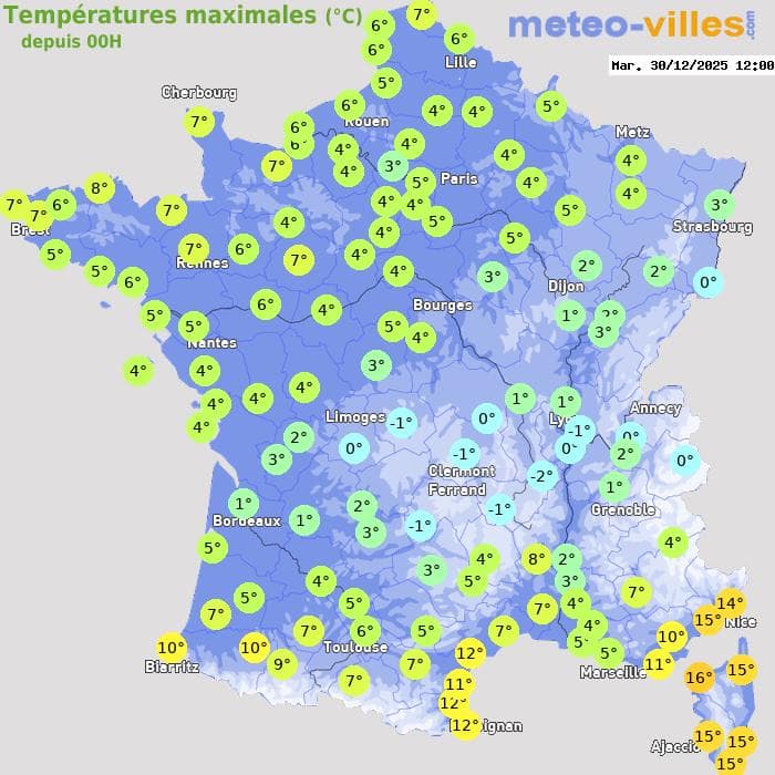 Températures maximales (°C) depuis 00h