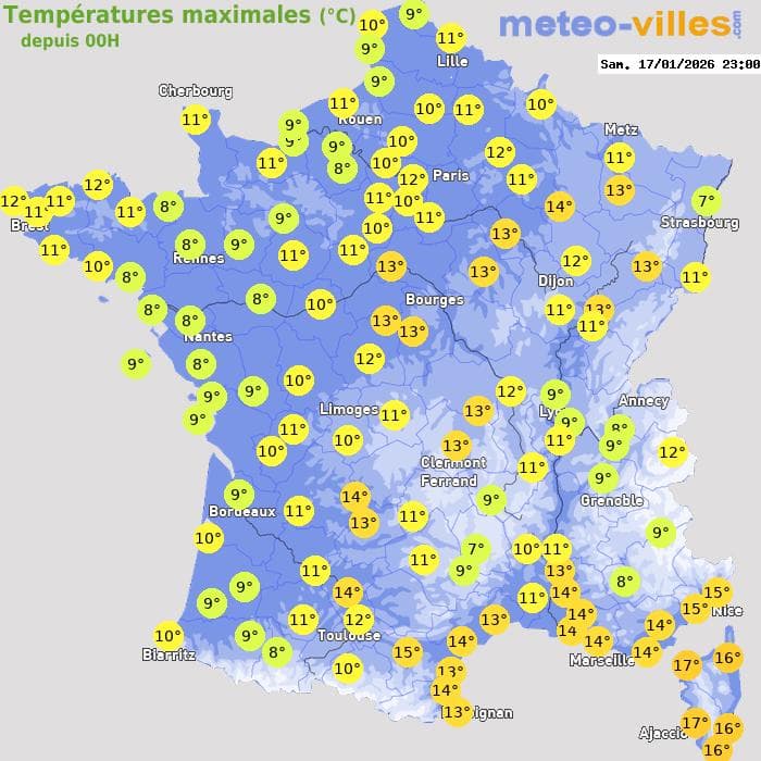Températures maximales (°C) depuis 00h