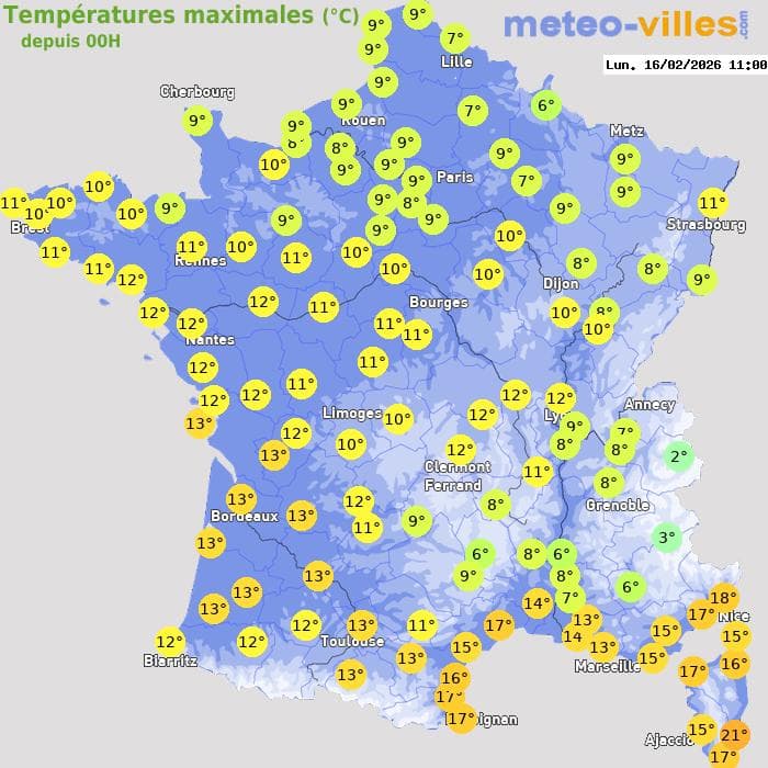 Températures maximales (°C) depuis 00h