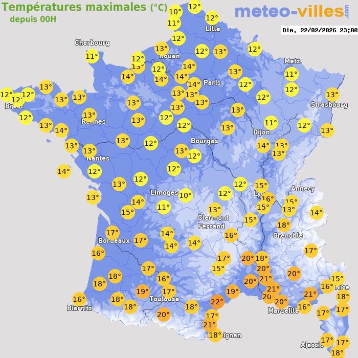 Températures maximales (°C) depuis 00h