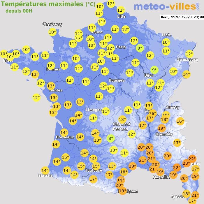 Températures maximales (°C) depuis 00h