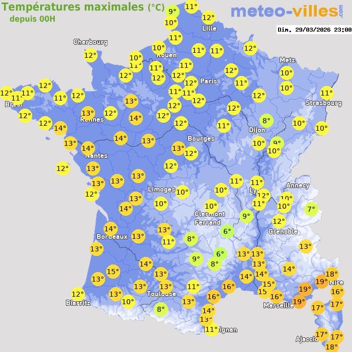 Températures maximales (°C) depuis 00h