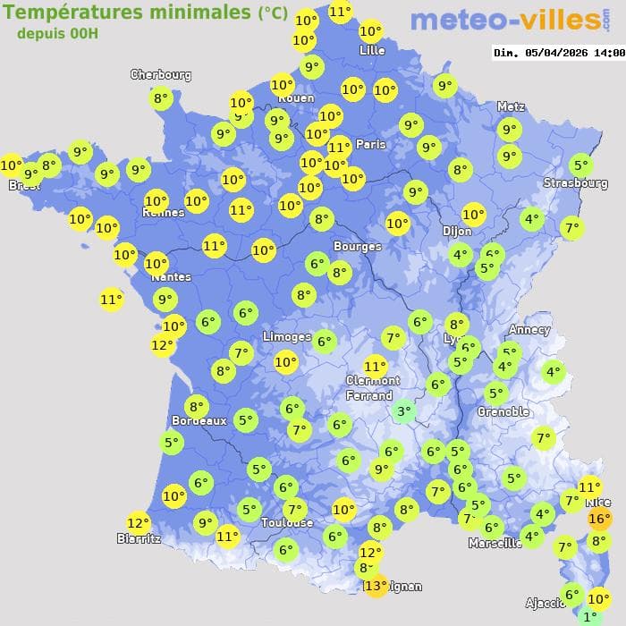 Températures minimales (°C) depuis 00h