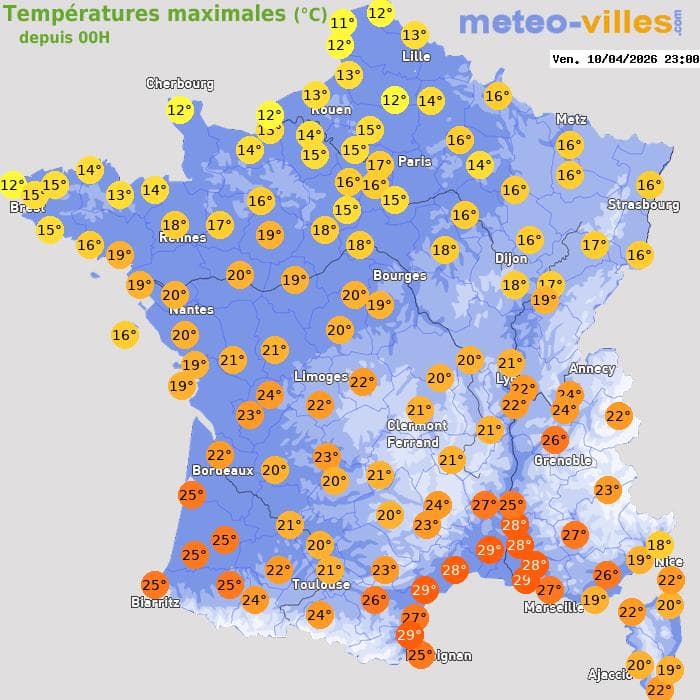 Températures maximales (°C) depuis 00h