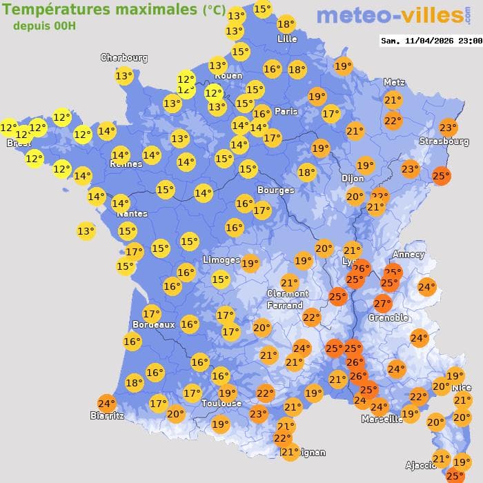 Températures maximales (°C) depuis 00h