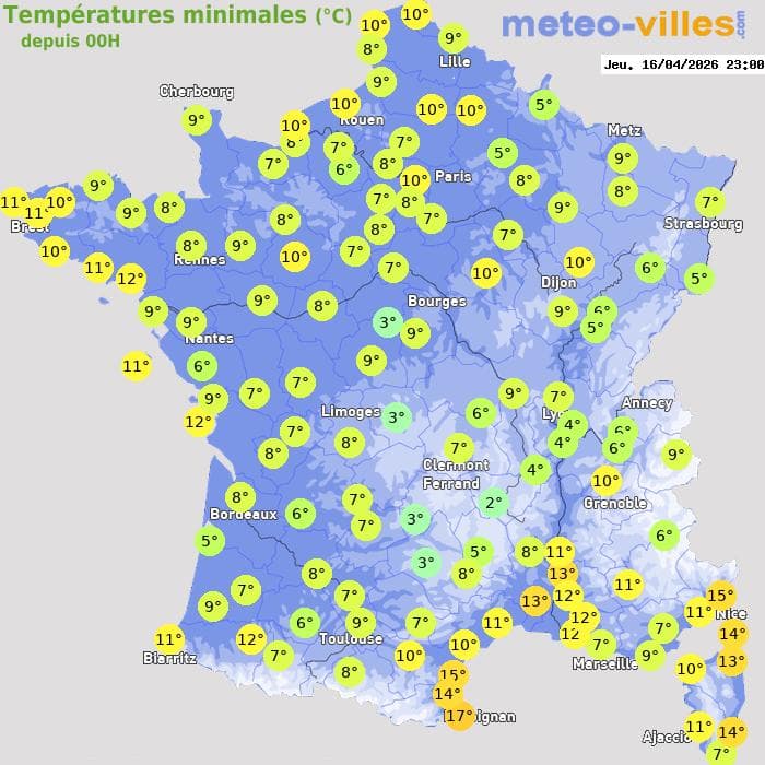 Températures minimales (°C) depuis 00h