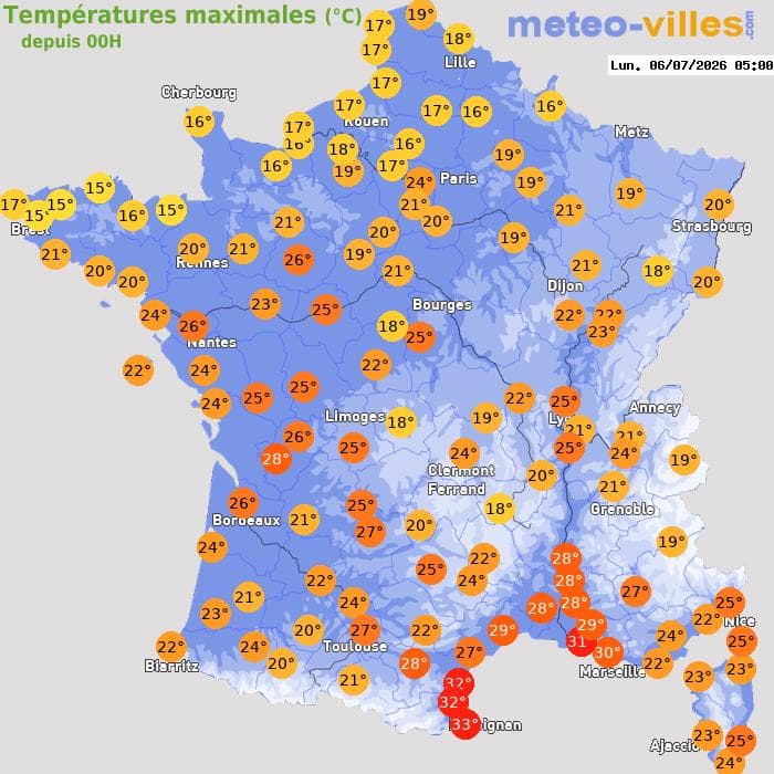 Températures maximales (°C) depuis 00h