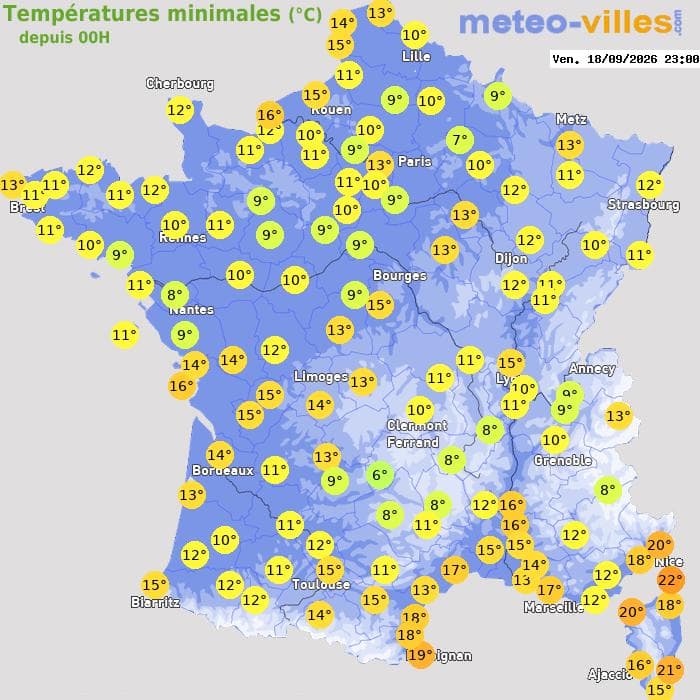 Températures minimales (°C) depuis 00h