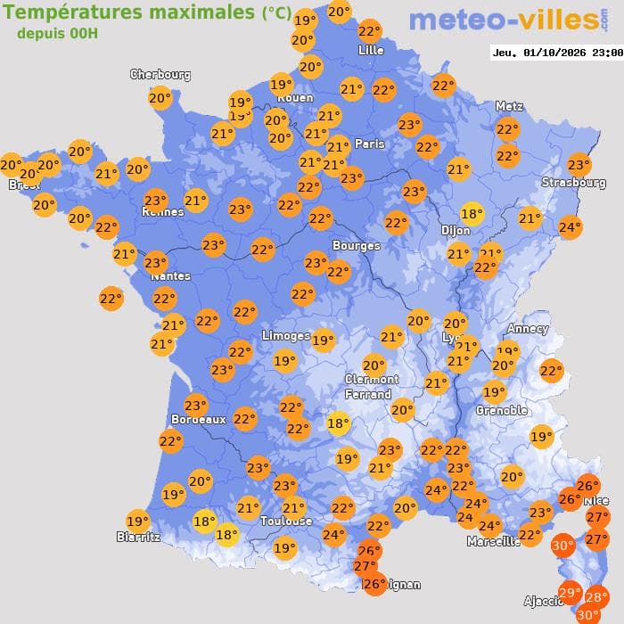 Températures maximales (°C) depuis 00h
