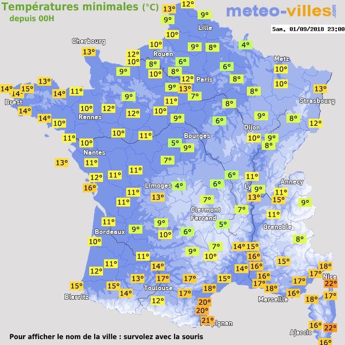 Températures minimales (°C) depuis 00h
