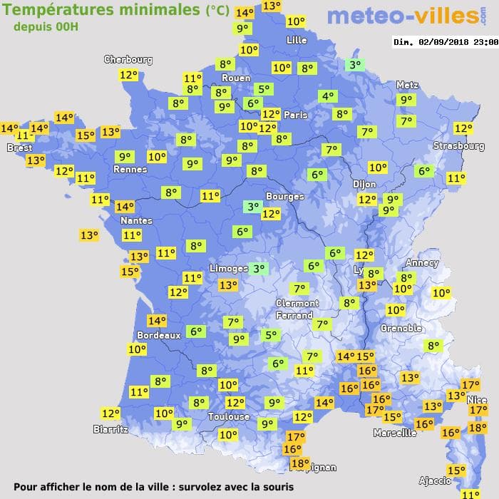 Températures minimales (°C) depuis 00h