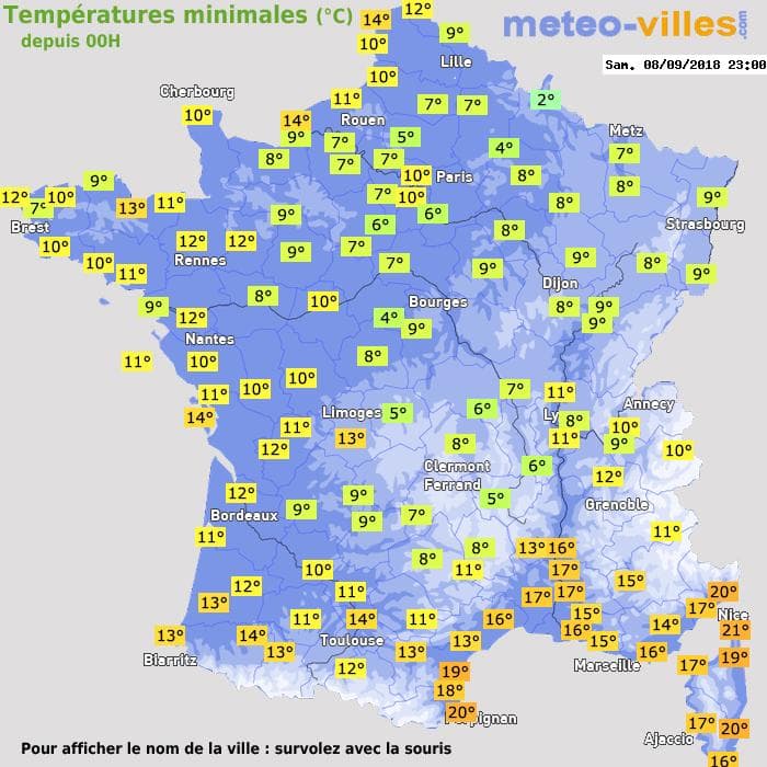 Températures minimales (°C) depuis 00h