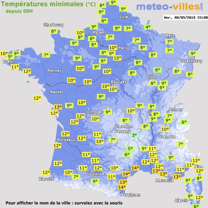 Températures minimales (°C) depuis 00h