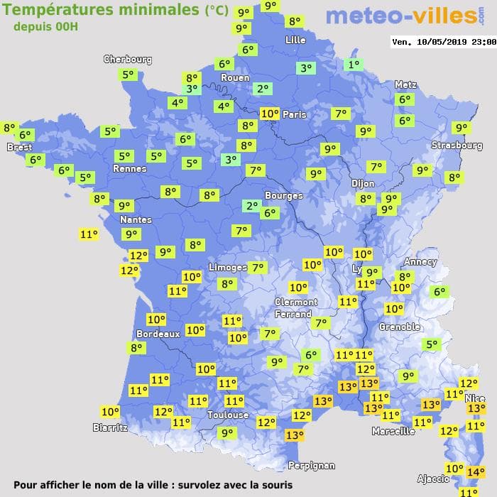 Températures minimales (°C) depuis 00h