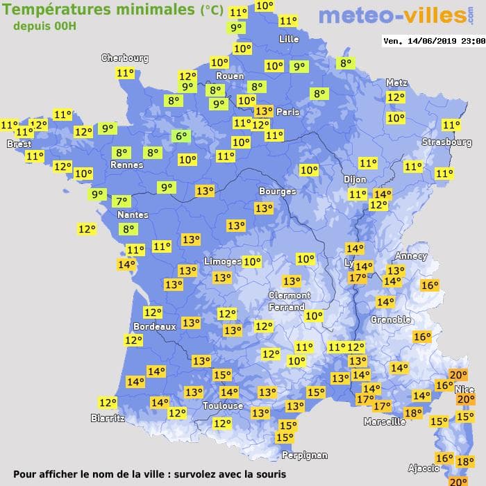Températures minimales (°C) depuis 00h