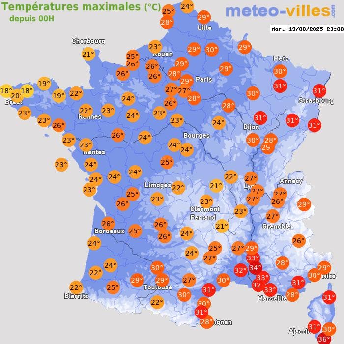 Températures maximales (°C) depuis 00h