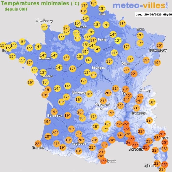 Températures minimales (°C) depuis 00h
