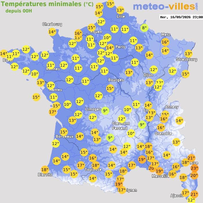 Températures minimales (°C) depuis 00h
