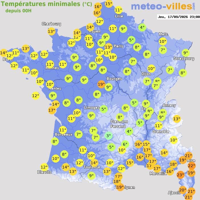 Températures minimales (°C) depuis 00h