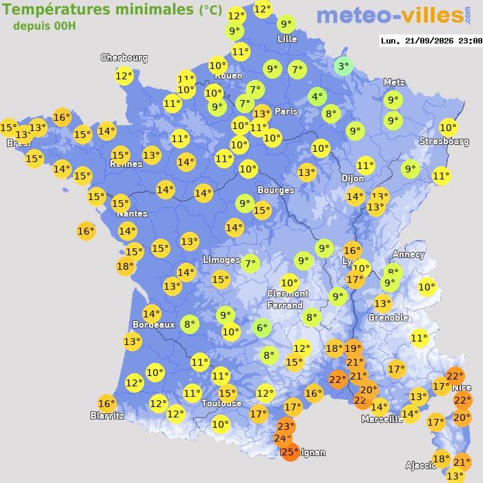 Températures minimales (°C) depuis 00h
