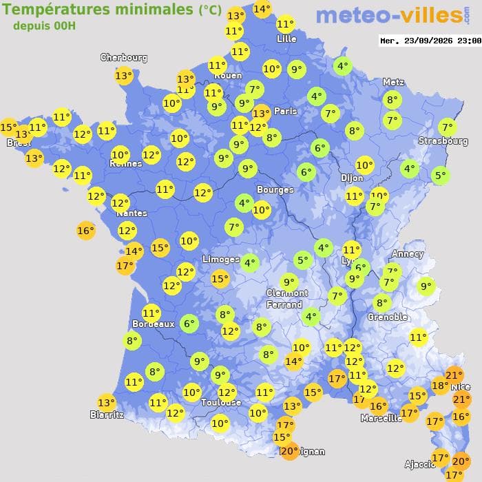 Températures minimales (°C) depuis 00h