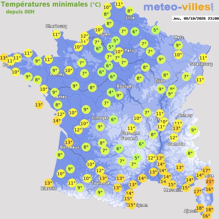 Températures minimales (°C) depuis 00h