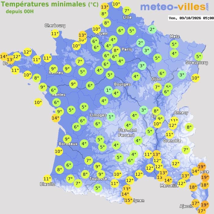 Températures minimales (°C) depuis 00h