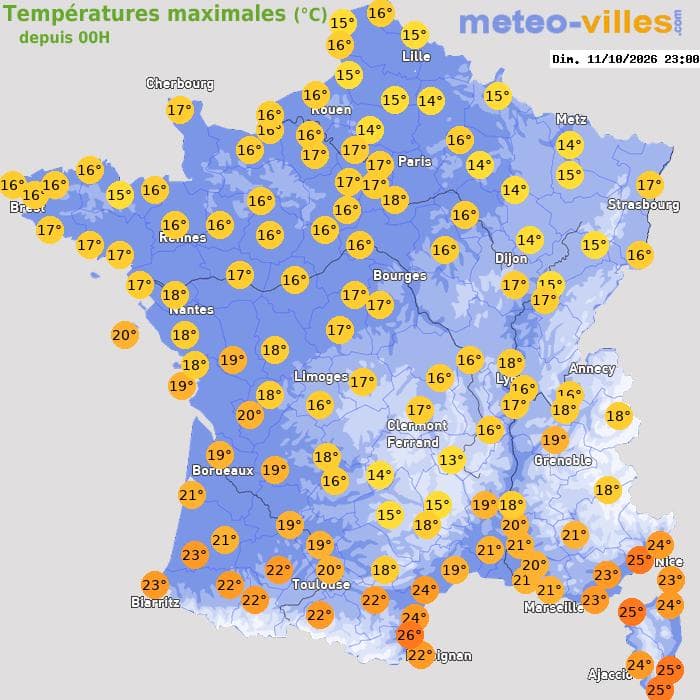 Températures maximales (°C) depuis 00h