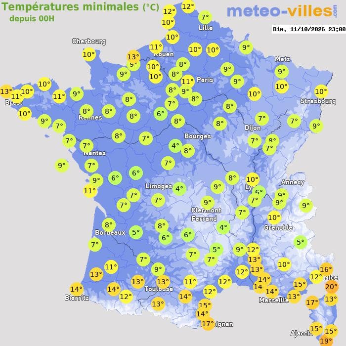 Températures minimales (°C) depuis 00h