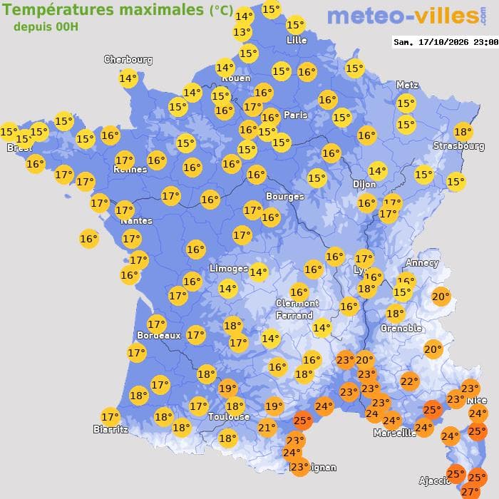 Températures maximales (°C) depuis 00h