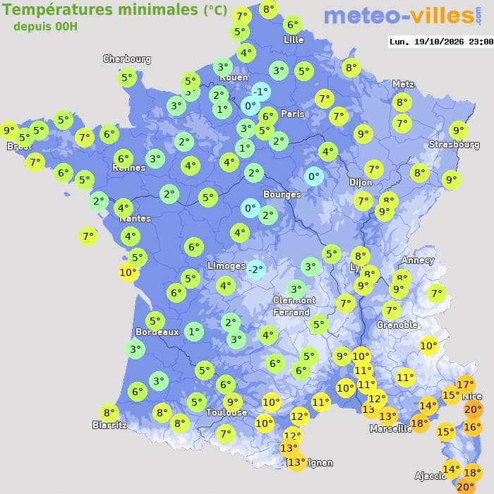 Températures minimales (°C) depuis 00h